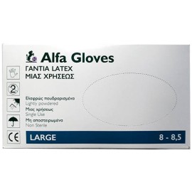 ALFA GLOVES - Γάντια Latex Μιας Χρήσεως Ελαφρώς Πουδραρισμένα Large 100τμχ