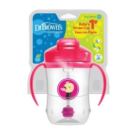 DR. BROWNS Babys 1st Straw Cup, Κύπελλο με Μαλακό Καλαμάκι 270ml 6m+, Ροζ- 1τεμ