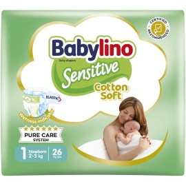 BABYLINO Sensitive Cotton Soft, Newborn No1 2-5 Kg, Βρεφικές Πάνες με Απαλό Κάλυμμα με Βαμβάκι - 26τεμ