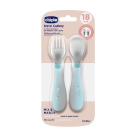 CHICCO Metal Cutlery, Κουτάλι-Πιρούνι, Μεταλικά με Λαβή Σιλικόνης Μπλε, 18m+