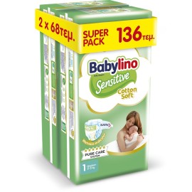 BABYLINO Sensitive Cotton Soft, Newborn No1 2-5 Kg Super Pack, Βρεφικές Πάνες με Απαλό Κάλυμμα με Βαμβάκι - 136τεμ