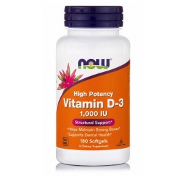 NOW FOODS Vitamin D3 1000IU, Συμπλήρωμα Διατροφής με Βιταμίνη D3 1000IU - 180softgels