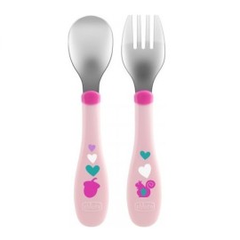 CHICCO Metal Cutlery, Κουτάλι-Πιρούνι, Μεταλικά με Λαβή Σιλικόνης, 18m+