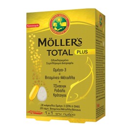 MOLLERS Total Plus, Ω3 + Βιταμίνες - Μέταλλα + Τζίνσενγκ, Ροδιόλα, Κράταιγος - 28caps + 28tabs