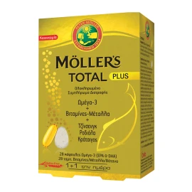 MOLLERS Total Plus, Ω3 + Βιταμίνες - Μέταλλα + Τζίνσενγκ, Ροδιόλα, Κράταιγος - 28caps + 28tabs
