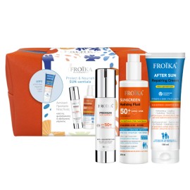 FROIKA Protect & Nourish Sun-Sentials, Premium Sunscreen SPF50+ Αντηλιακό Προσώπου - 50ml & Sunscreen Hydrating Fluid SPF50+, Αντηλιακό Γαλάκτωμα Σώματος - 250ml  + ΔΩΡΟ After Sun Repairing Cream - 150 ml & Νεσεσέρ Παραλίας
