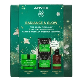 APIVITA Promo Bee Radiant, Αντιγηραντική Κρέμα-Gel Προσώπου Ελαφριάς Υφής -50ml & ΔΩΡΟ Μάσκα Προσώπου με Αλόη -2x8ml & Τονωτικό Αφρόλουτρο με Τσάι Βουνού & Αιθέρια Έλαια -75ml, 1σετ