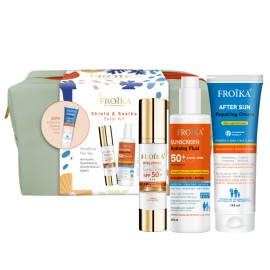 FROIKA Shield & Soothe Solar Kit, Hyaluronic Silk Touch SPF50+, Αντηλιακό Προσώπου - 50ml & Sunscreen Hydrating Fluid SPF50+, Αντηλιακό Γαλάκτωμα Σώματος - 250ml  + ΔΩΡΟ After Sun Repairing Cream - 150 ml & Νεσεσέρ Παραλίας