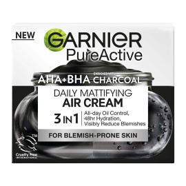 GARNIER PureActive AHA + BHA Charcoal Daily Mattifying Air Cream, Ενυδατική Κρέμα Ελαφριάς Υφής για Δέρμα με Ατέλειες - 50ml