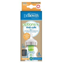 DR. BROWNS Natural Flow Options+ Glass Baby Bottle, Μπιμπερό Γυάλινο Κατά των Κολικών με Φαρδύ Λαιμό 150ml, 0m+ - 1τεμ