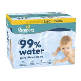 PAMPERS Aqua Pure 99% Water Baby Wipes, Μωρομάντηλα με 99% Νερό & Ήπια Λοσιόν για Αποτελεσματικό Καθαρισμό, Συσκευασία με Καπάκι -12X60TEM