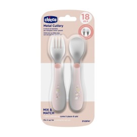CHICCO Metal Cutlery, Κουτάλι-Πιρούνι, Μεταλικά με Λαβή Σιλικόνης, 18m+