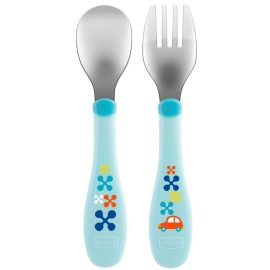 CHICCO Metal Cutlery, Κουτάλι-Πιρούνι, Μεταλικά με Λαβή Σιλικόνης Μπλε, 18m+