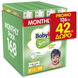 BABYLINO Sensitive Cotton Soft No5+ 12-17 Kg Monthly Pack, Πάνες με Απαλό Κάλυμμα με Βαμβάκι - 168τεμ