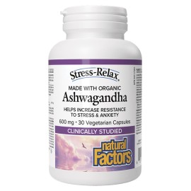 NATURAL FACTORS Ashwagandha,  Συμπλήρωμα Διατροφής με 600mg Συμπυκνωμένο, Τιτλοδοτημένο Εκχύλισμα Βιολογικής KSM-66 Ashwagandha - 30Vcaps