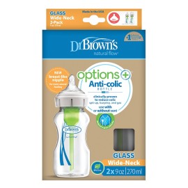 DR. BROWNS Natural Flow Options+ Glass Baby Bottle, Μπιμπερό Γυάλινο Κατά των Κολικών με Φαρδύ Λαιμό 270ml, 0m+ - 2τεμ