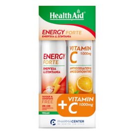 HEALTH AID Energy Forte, Συμπλήρωμα Διατροφής για Ενέργεια & Ζωντάνια - 20αναβρ. δισκία  & Vitamin C 1000mg, Βιταμίνη C - 20αναβρ. δισκία