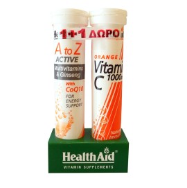 HEALTH AID A to Z Πολυβιταμίνη με Τζίνσενγκ & Q10 - 20 Αναβρ. Δισκία + Vitamin C 1000mg -20 Αναβρ. Δισκία