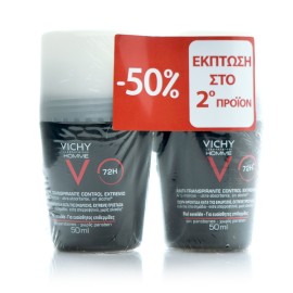 VICHY Homme Deodorant Anti-Transpirant Roll-On 72H -50% Έκπτωση στο 2ο Προϊόν - 2x50ml