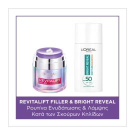 LOREAL PARIS Revitalift Filler Water Cream, Κρέμα Ημέρας - 50ml & Bright Reveal Κρέμα Προσώπου με Νιασιναμίδη, Χρώμα Bronze & SPF50 - 50ml
