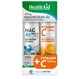 HEALTH AID Magnesium+B6 300mg Lemon, Μαγνήσιο + Β6- 20 αναβρ. δισκία & Vitamin C 1000mg Orange, Βιταμίνη C - 20 αναβρ. δισκία