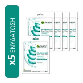 GARNIER Σετ Hyaluronic Aloe Value Pack Hydration Tissue Masks, Υφασμάτινες Μάσκες Ενυδάτωσης Υαλουρονικού Οξέως - 5τεμ