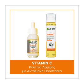 GARNIER Vitamin C Serum, Ορός Προσώπου με 3,5% Bιταμίνη C - 30ml & Brightening Over Make Up UV Mist SPF50+, Σπρέυ Προσώπου με Αντηλιακή Προστασία - 75ml