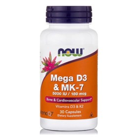NOW FOODS  Mega D3 5000IU & MK-7/180mcg, Συμπλήρωμα Διατροφής με Βιταμίνες D3 και K2 -30caps