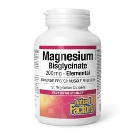 NATURAL FACTORS Magnesium Bisglycinate 200mg - Elemental, Συμπλήρωμα Διατροφής Δισγλυκινικού Μαγνησίου -120 veg.caps